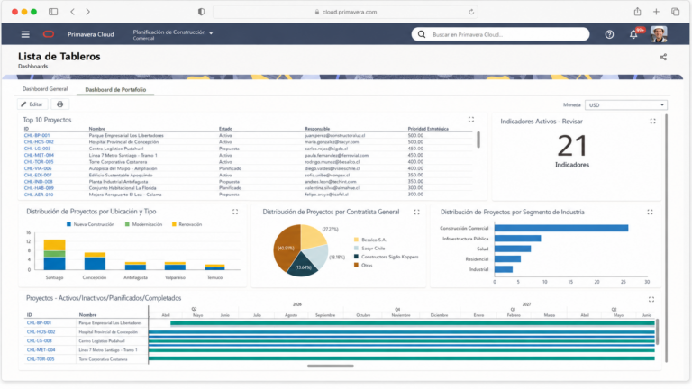 Dashboard de portafolio en Oracle Primavera Cloud
